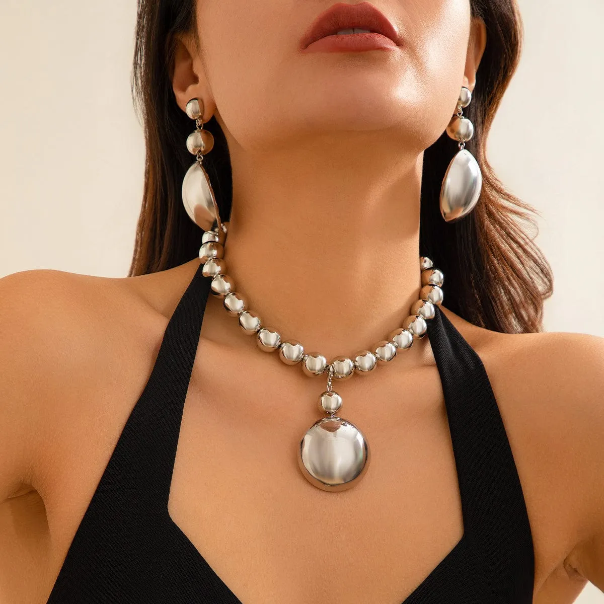Geometric Chunky Circular Pendant Ball Chain Necklace Earrings Set