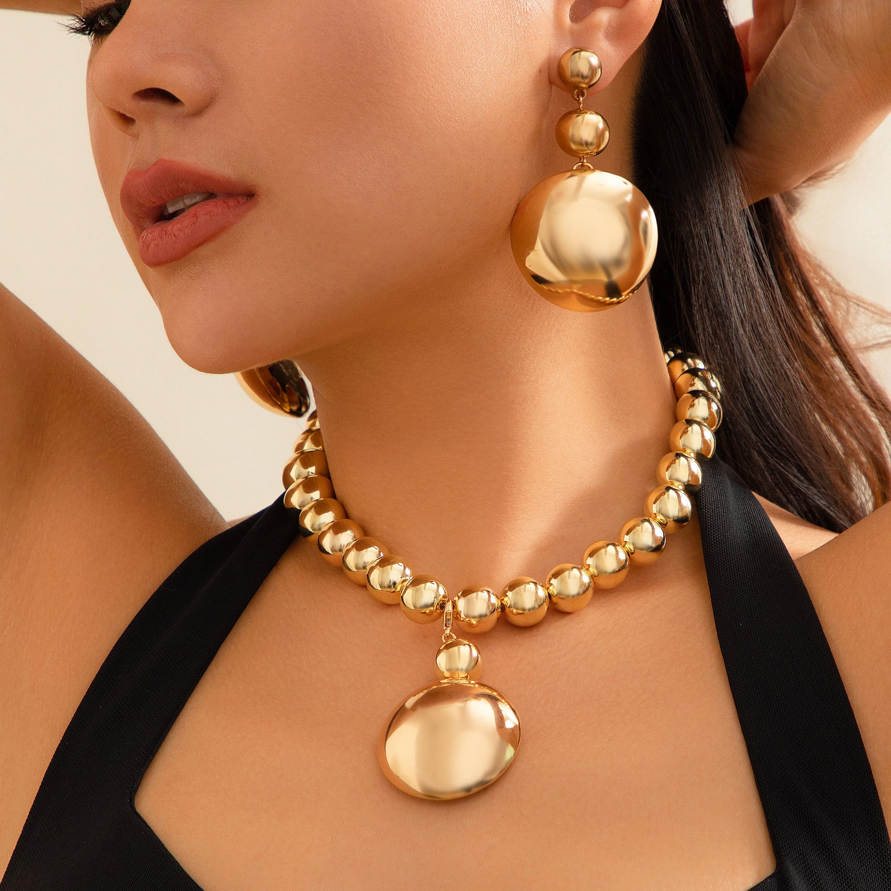 Geometric Chunky Circular Pendant Ball Chain Necklace Earrings Set