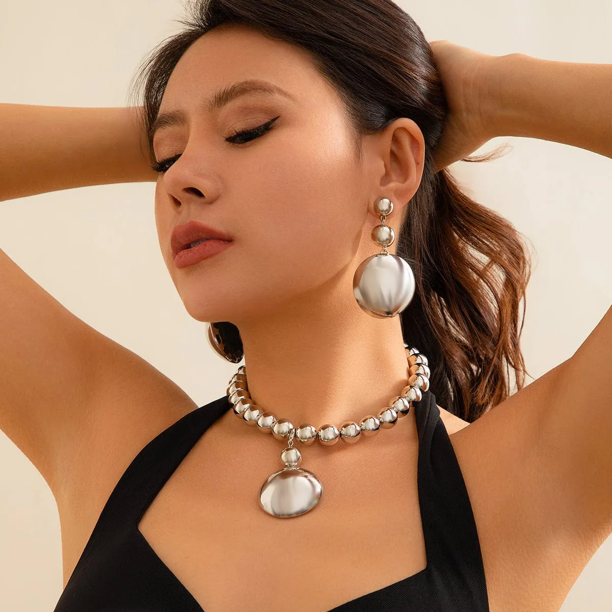 Geometric Chunky Circular Pendant Ball Chain Necklace Earrings Set