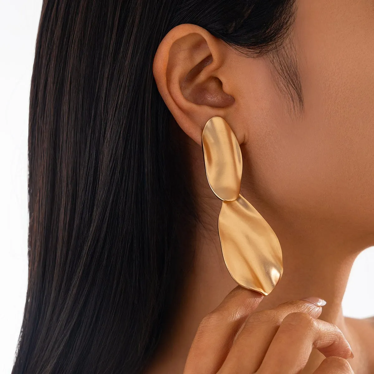 Geometric Chunky Gold Silver Tone Pleated Dangle Earrings