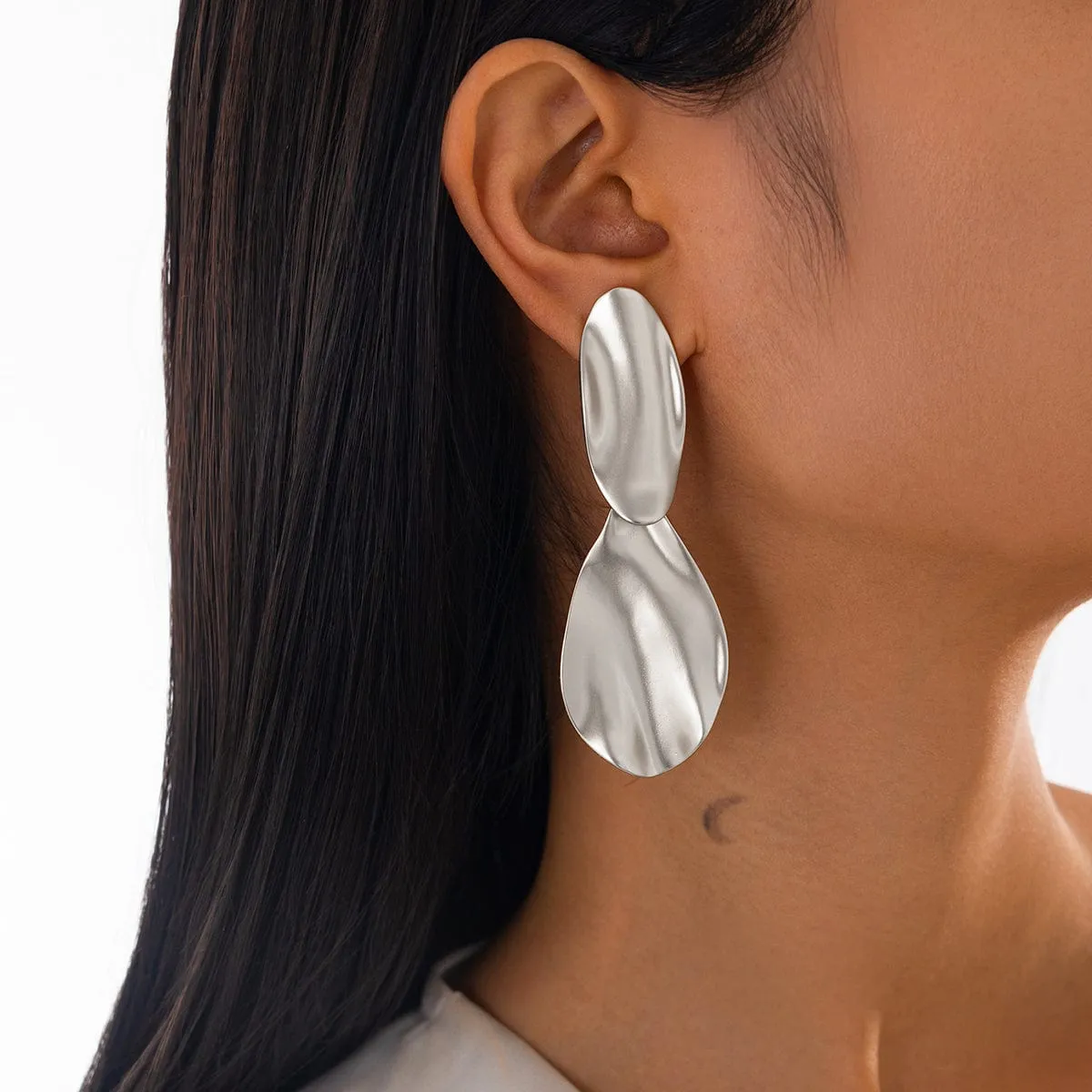 Geometric Chunky Gold Silver Tone Pleated Dangle Earrings