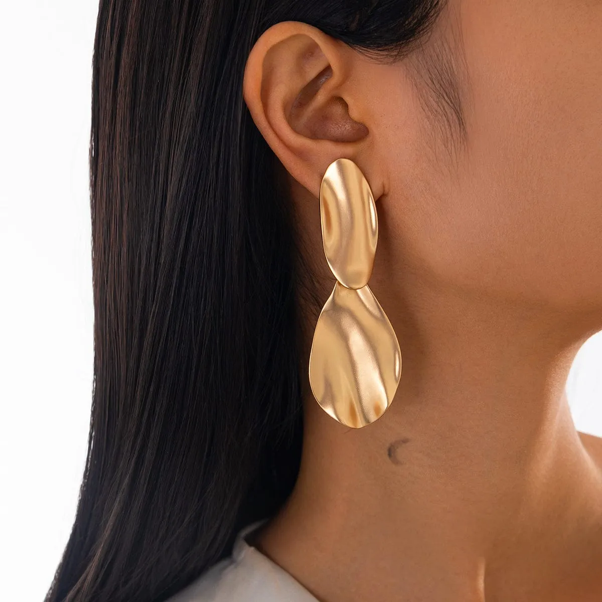Geometric Chunky Gold Silver Tone Pleated Dangle Earrings