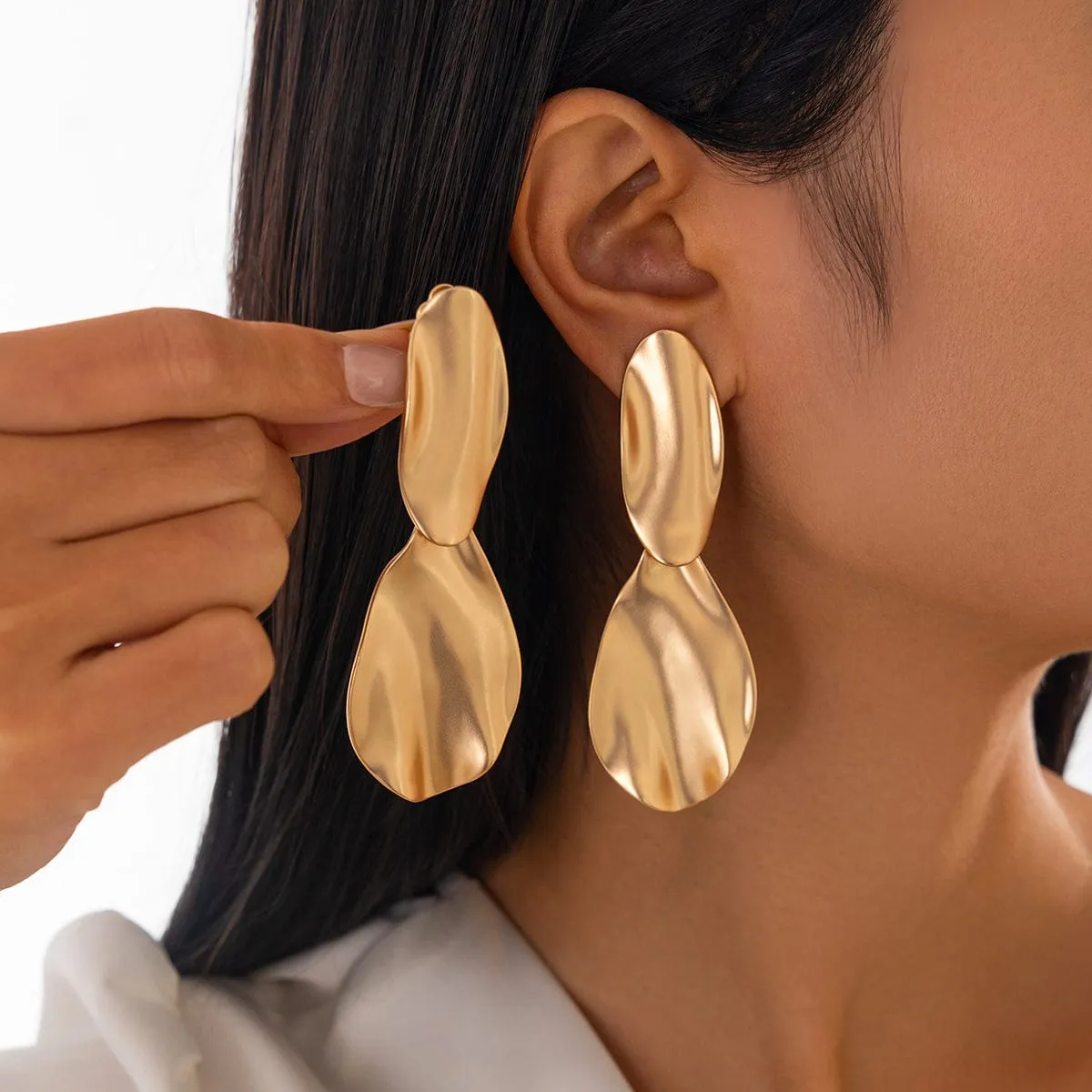 Geometric Chunky Gold Silver Tone Pleated Dangle Earrings