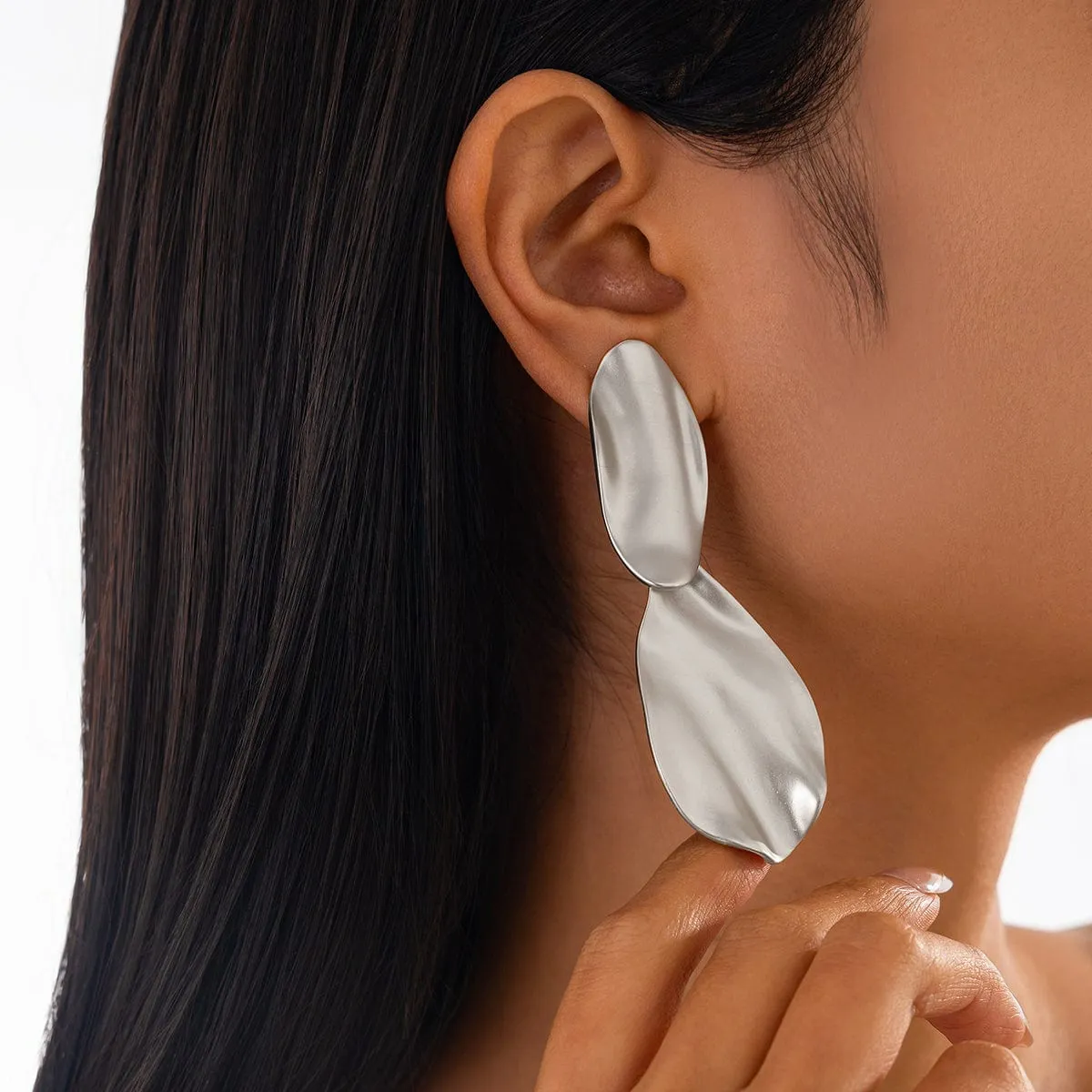 Geometric Chunky Gold Silver Tone Pleated Dangle Earrings