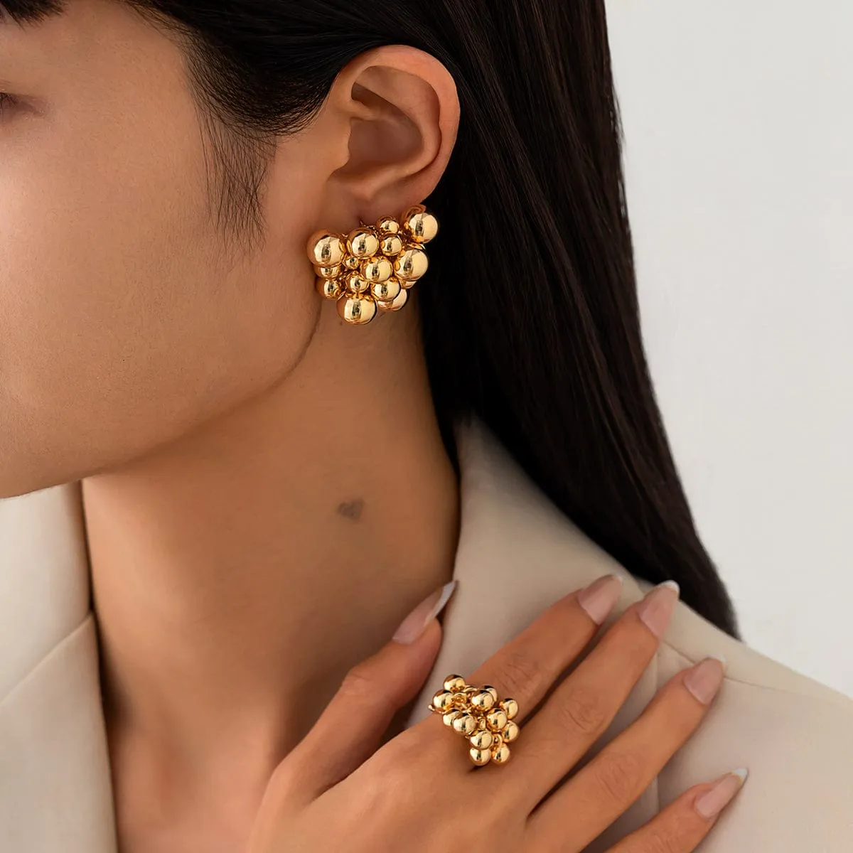 Geometric Chunky Irregular Beads Earrings Ring Set