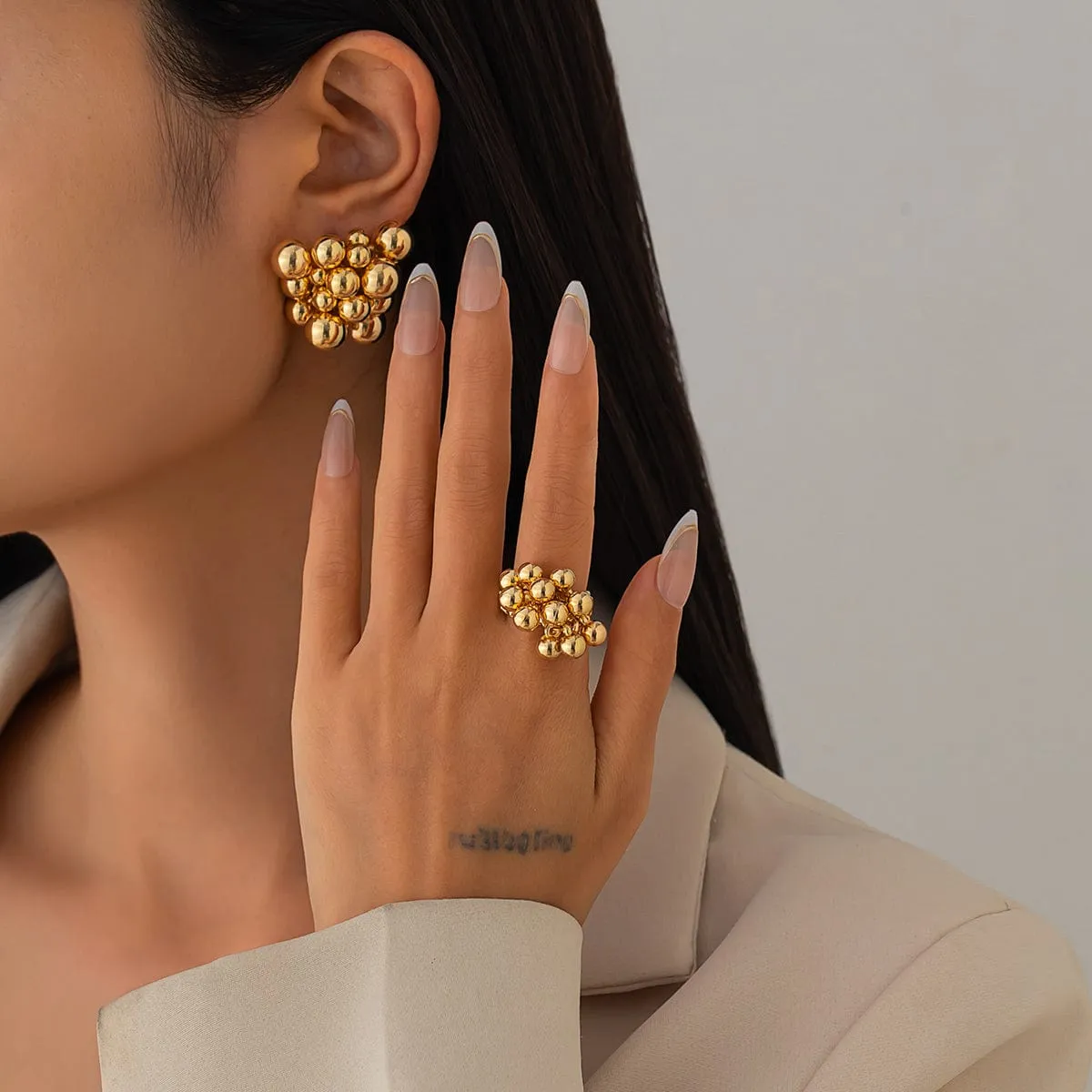 Geometric Chunky Irregular Beads Earrings Ring Set
