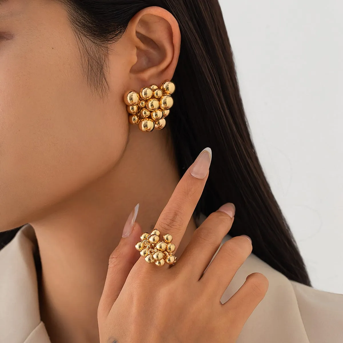 Geometric Chunky Irregular Beads Earrings Ring Set