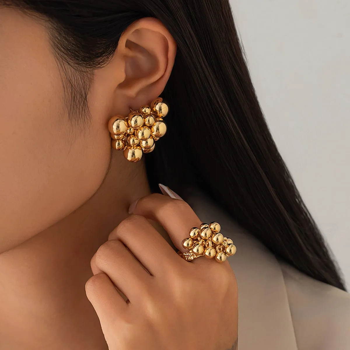Geometric Chunky Irregular Beads Earrings Ring Set