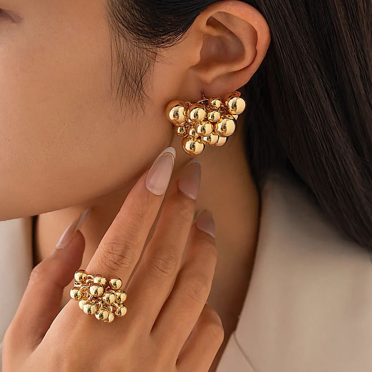 Geometric Chunky Irregular Beads Earrings Ring Set