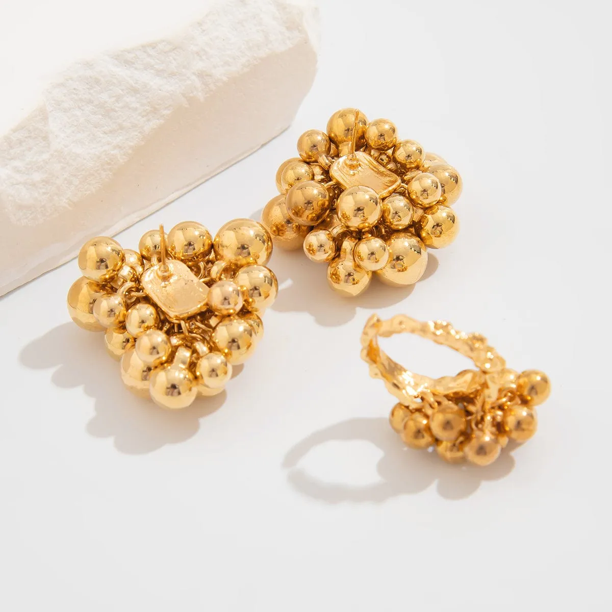 Geometric Chunky Irregular Beads Earrings Ring Set