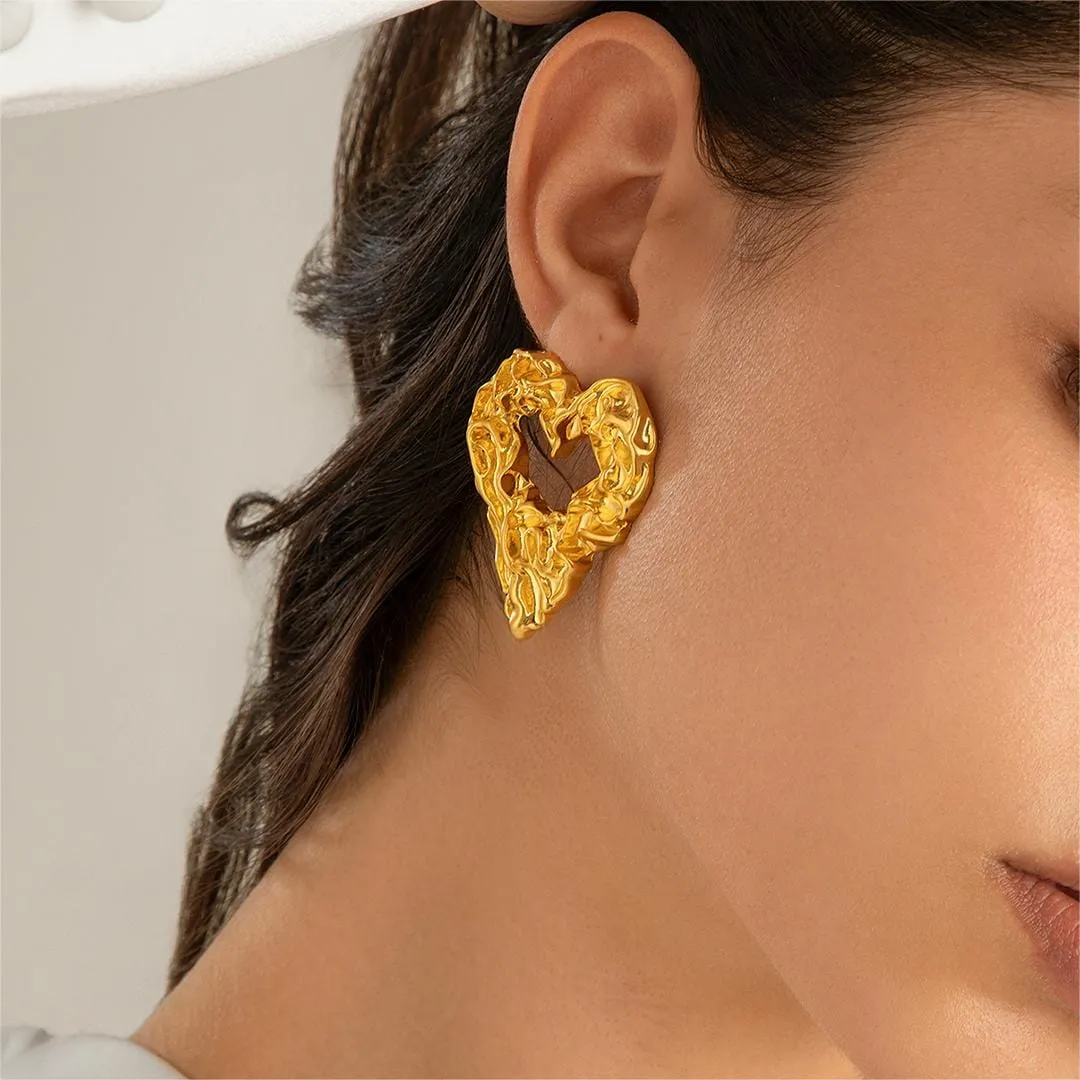 Geometric Chunky Textured Hollow Heart Earrings