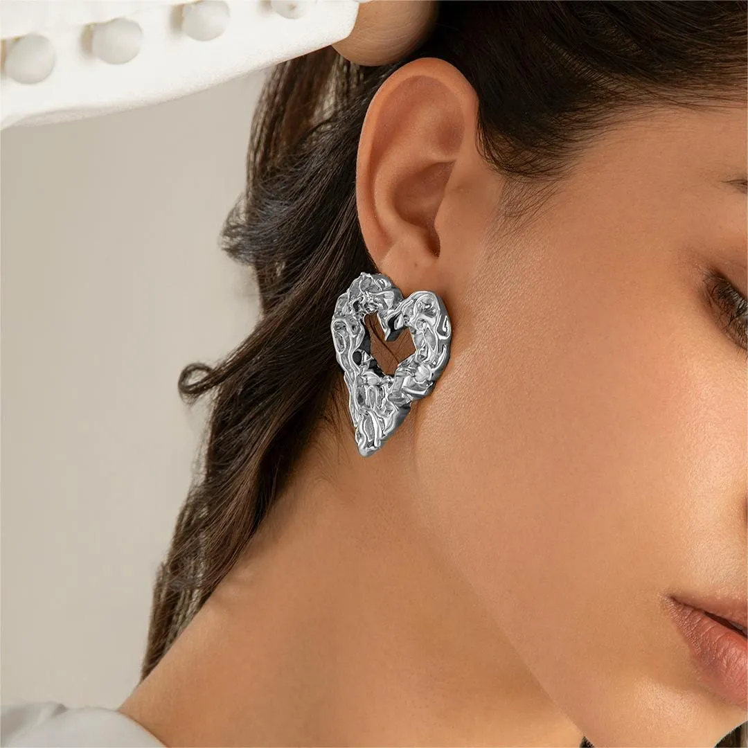Geometric Chunky Textured Hollow Heart Earrings