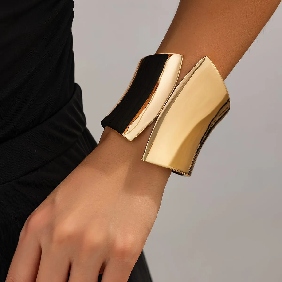 Geometric Gold Silver Tone Glossy Wide Cuff Bangle Bracelet