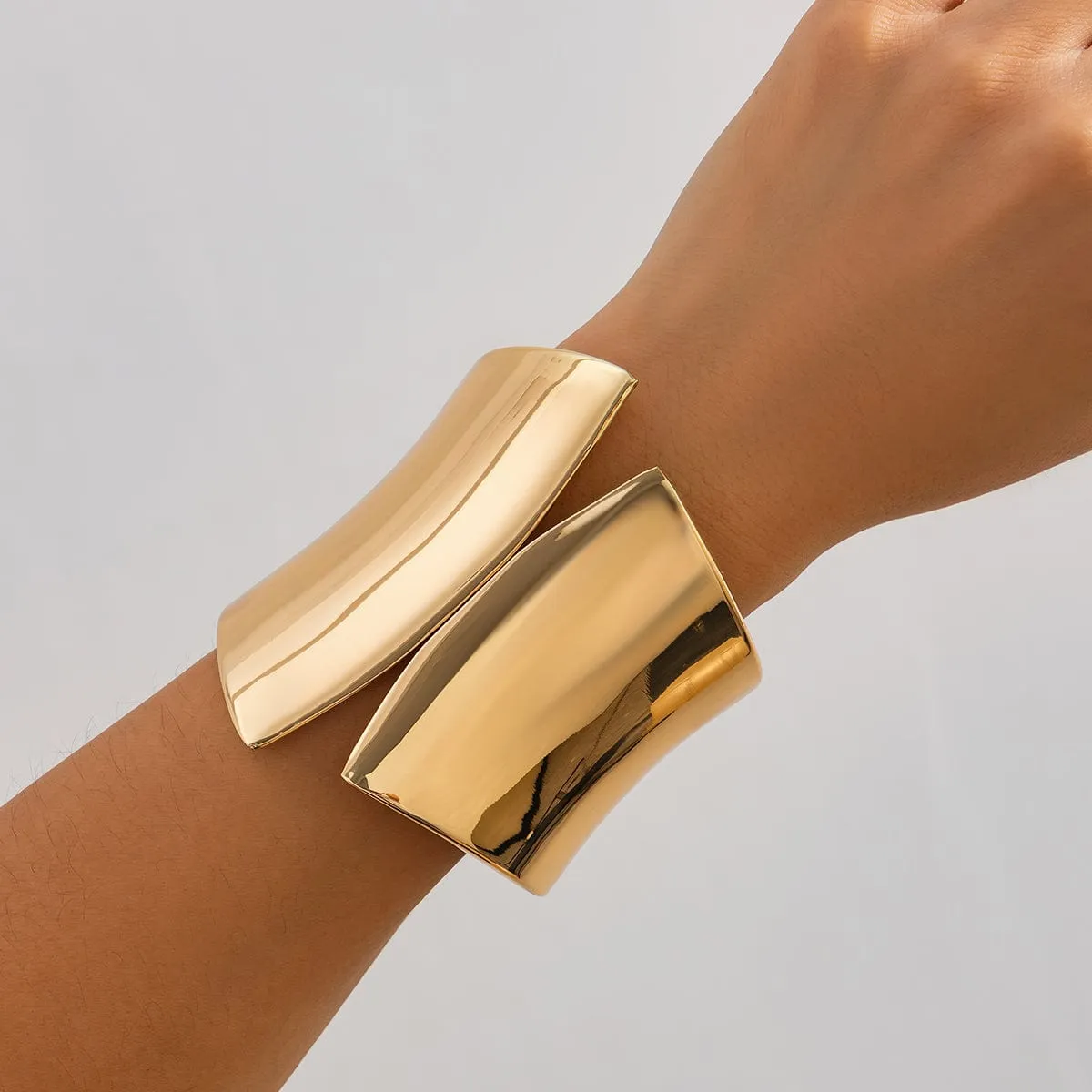 Geometric Gold Silver Tone Glossy Wide Cuff Bangle Bracelet