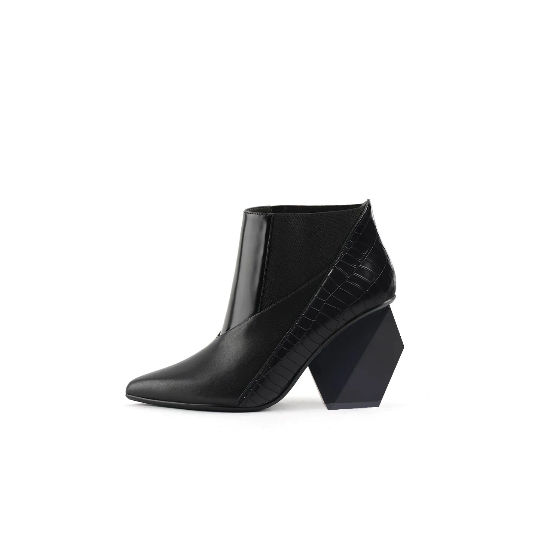 Geometry Block Heel Leather Bootie Black