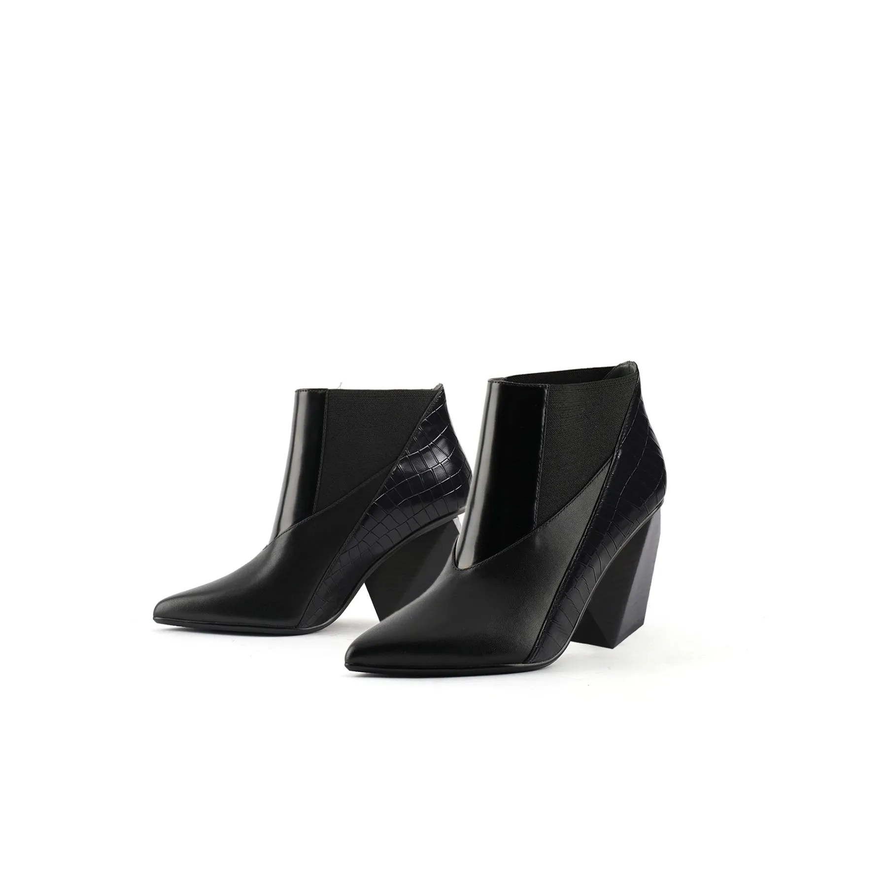 Geometry Block Heel Leather Bootie Black