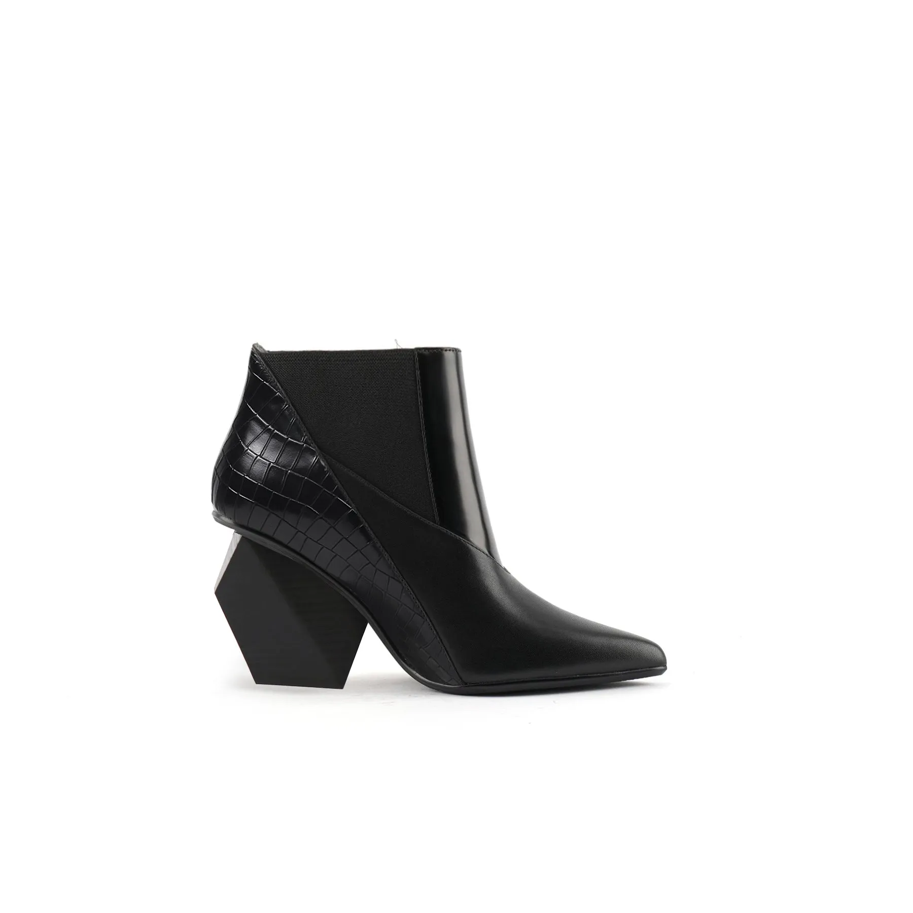 Geometry Block Heel Leather Bootie Black