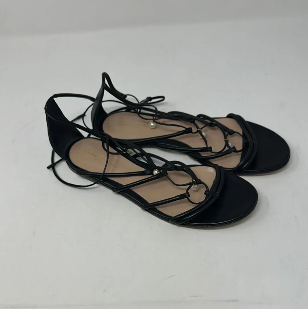 Gianvito Rossi Black lace up sandals with pearls