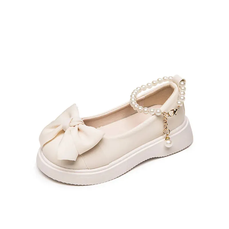 Girls Leather Flats Pearls Ankle Strap Chic Sweet Princess Shoes