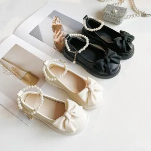 Girls Leather Flats Pearls Ankle Strap Chic Sweet Princess Shoes