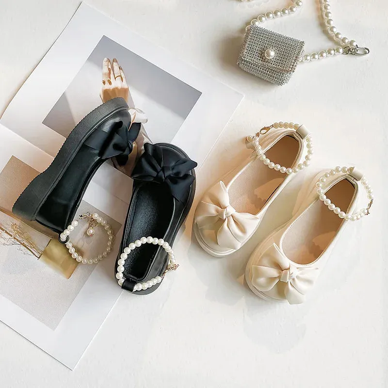 Girls Leather Flats Pearls Ankle Strap Chic Sweet Princess Shoes