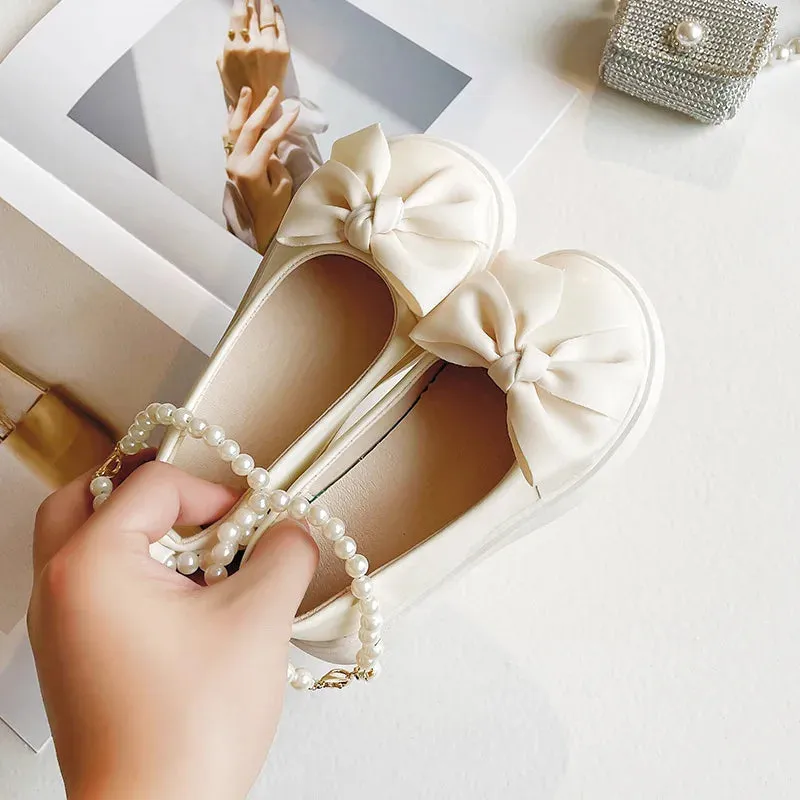 Girls Leather Flats Pearls Ankle Strap Chic Sweet Princess Shoes