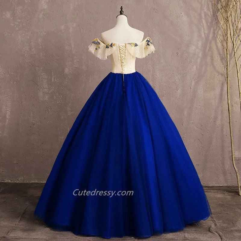 Glam Champagne and Tulle Long Evening Prom Dress, Off Shoulder Sweet 16 Gown