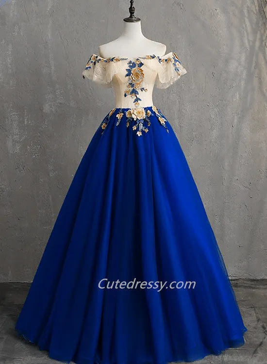 Glam Champagne and Tulle Long Evening Prom Dress, Off Shoulder Sweet 16 Gown