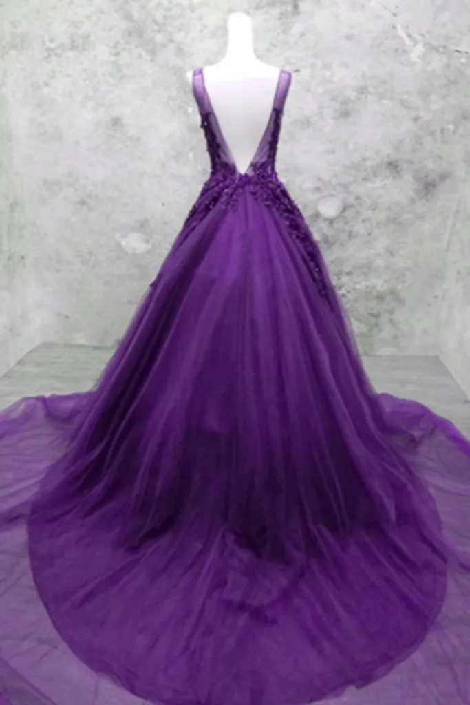 Glam Purple V-neckline Tulle Beaded and Lace Formal Gown, Purple Long Prom Dresses