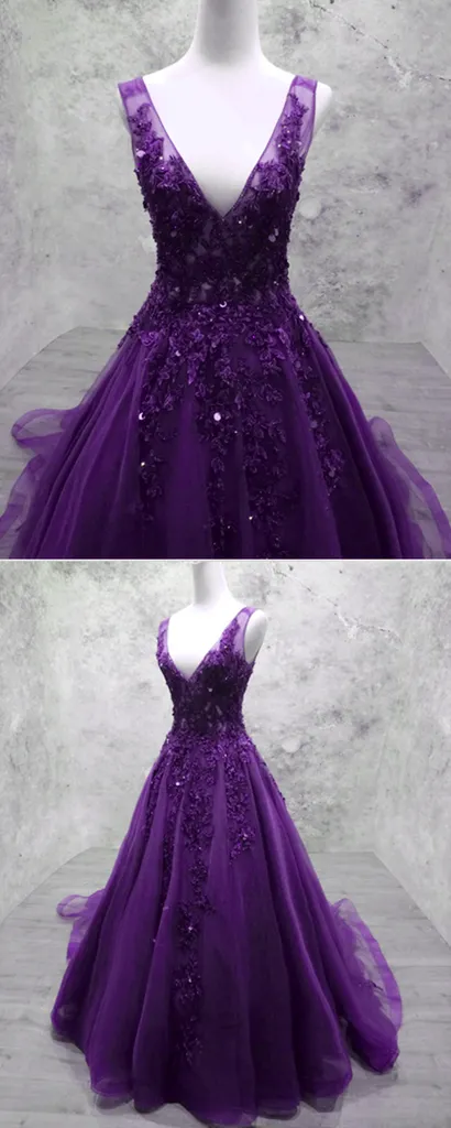 Glam Purple V-neckline Tulle Beaded and Lace Formal Gown, Purple Long Prom Dresses