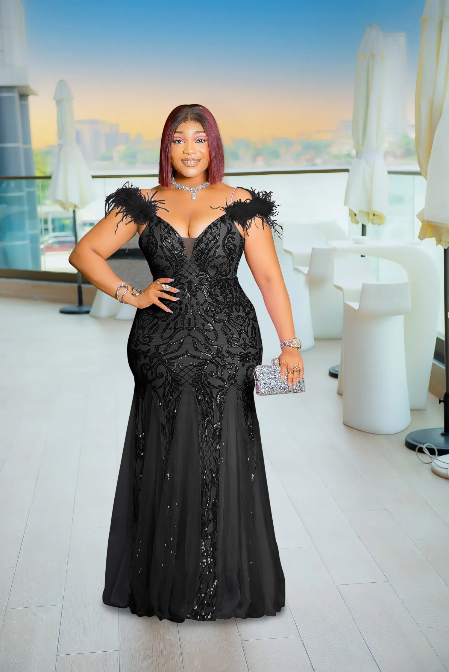 Glimmering Queen Luxe- Feathers/Mesh/Sequin Floor Length Dress (3 colors)