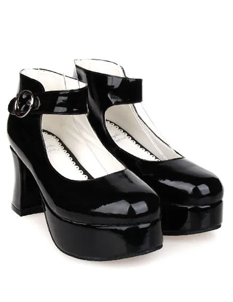 Glossy Black High Chunky Heels Lolita Shoes Platform Ankle Strap Buckle