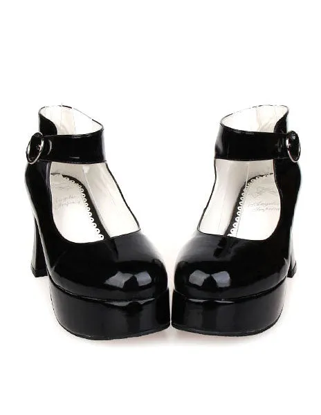 Glossy Black High Chunky Heels Lolita Shoes Platform Ankle Strap Buckle
