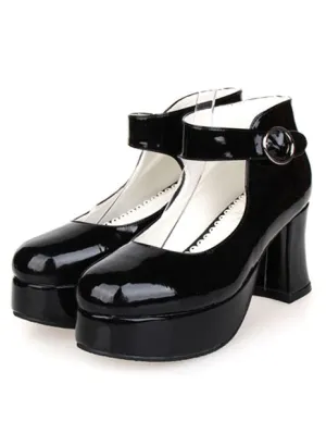 Glossy Black High Chunky Heels Lolita Shoes Platform Ankle Strap Buckle