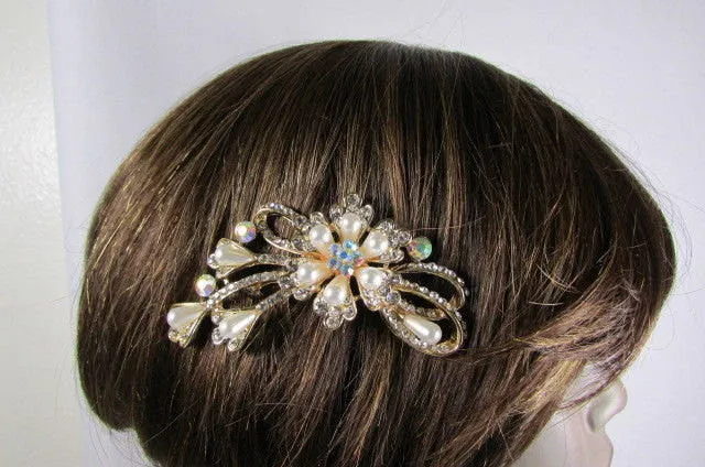 Gold & Silver Metal Head Pin Big Flower Rhinestones  Hair