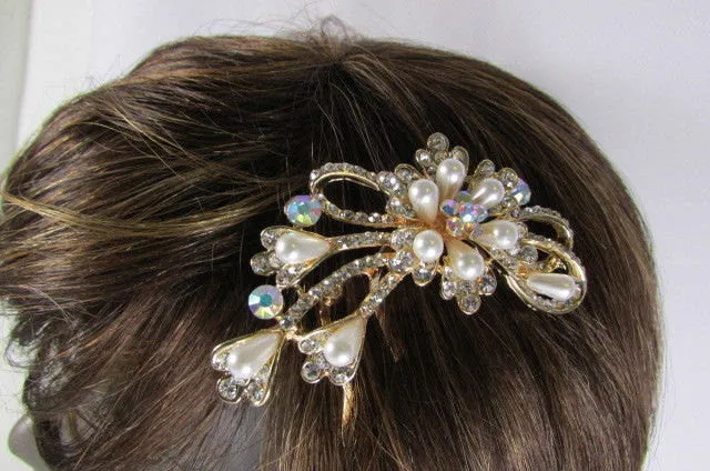 Gold & Silver Metal Head Pin Big Flower Rhinestones  Hair
