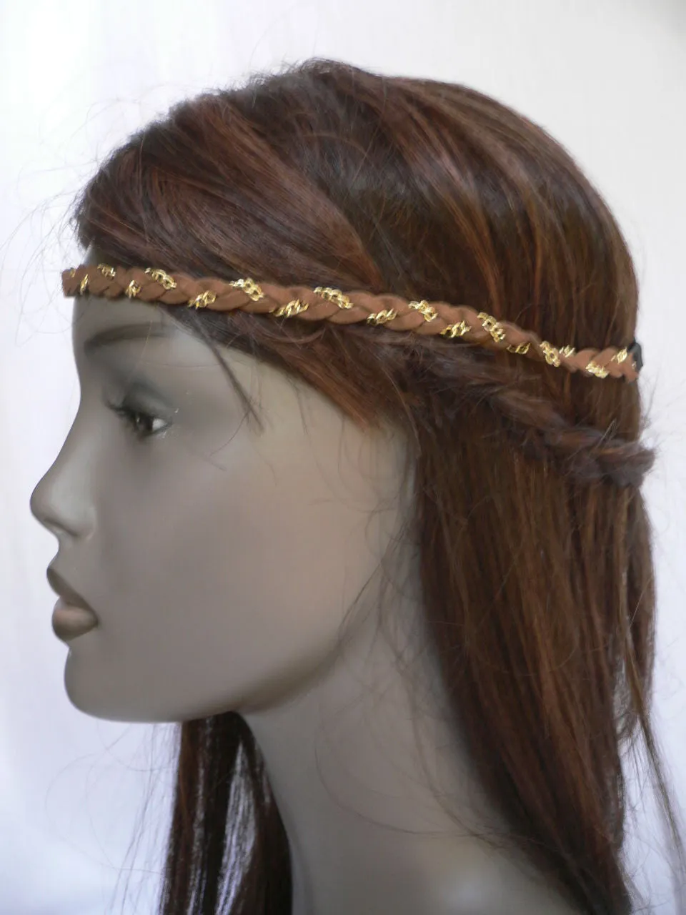 Gold Metal Brown Faux Suede Head Elastic Band Forehead Punk Rock