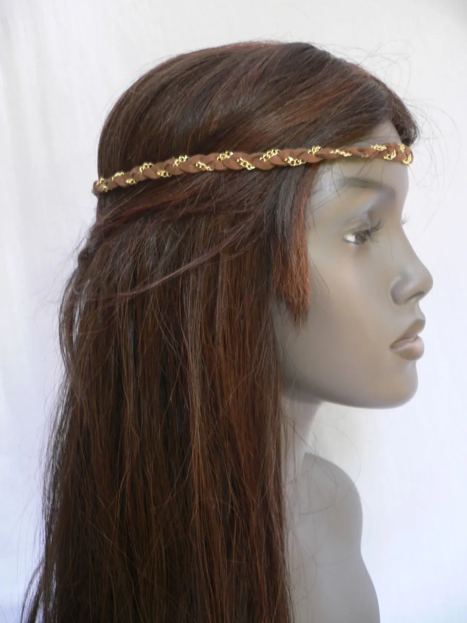 Gold Metal Brown Faux Suede Head Elastic Band Forehead Punk Rock