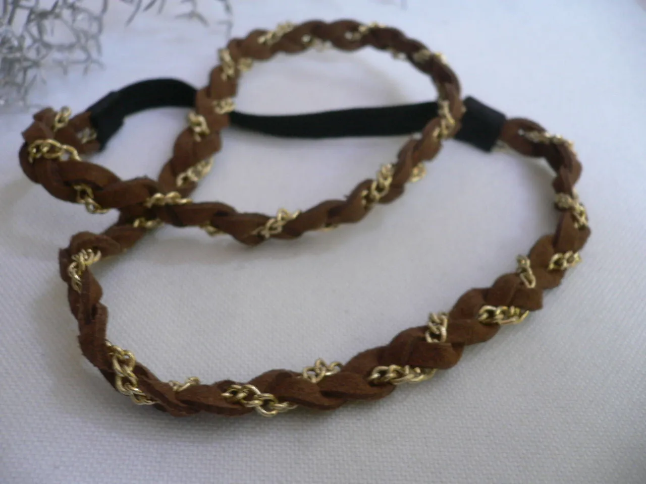 Gold Metal Brown Faux Suede Head Elastic Band Forehead Punk Rock