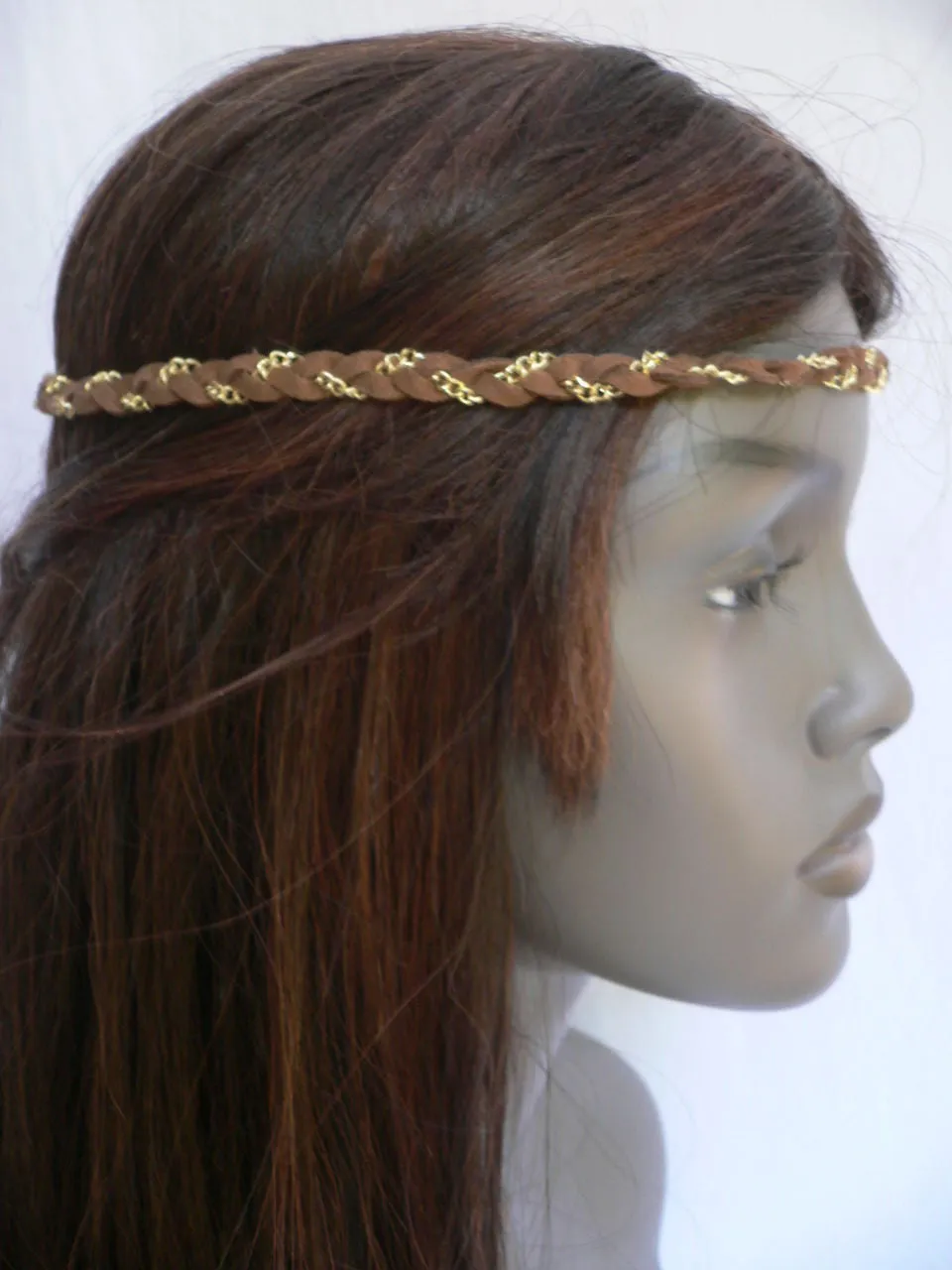 Gold Metal Brown Faux Suede Head Elastic Band Forehead Punk Rock