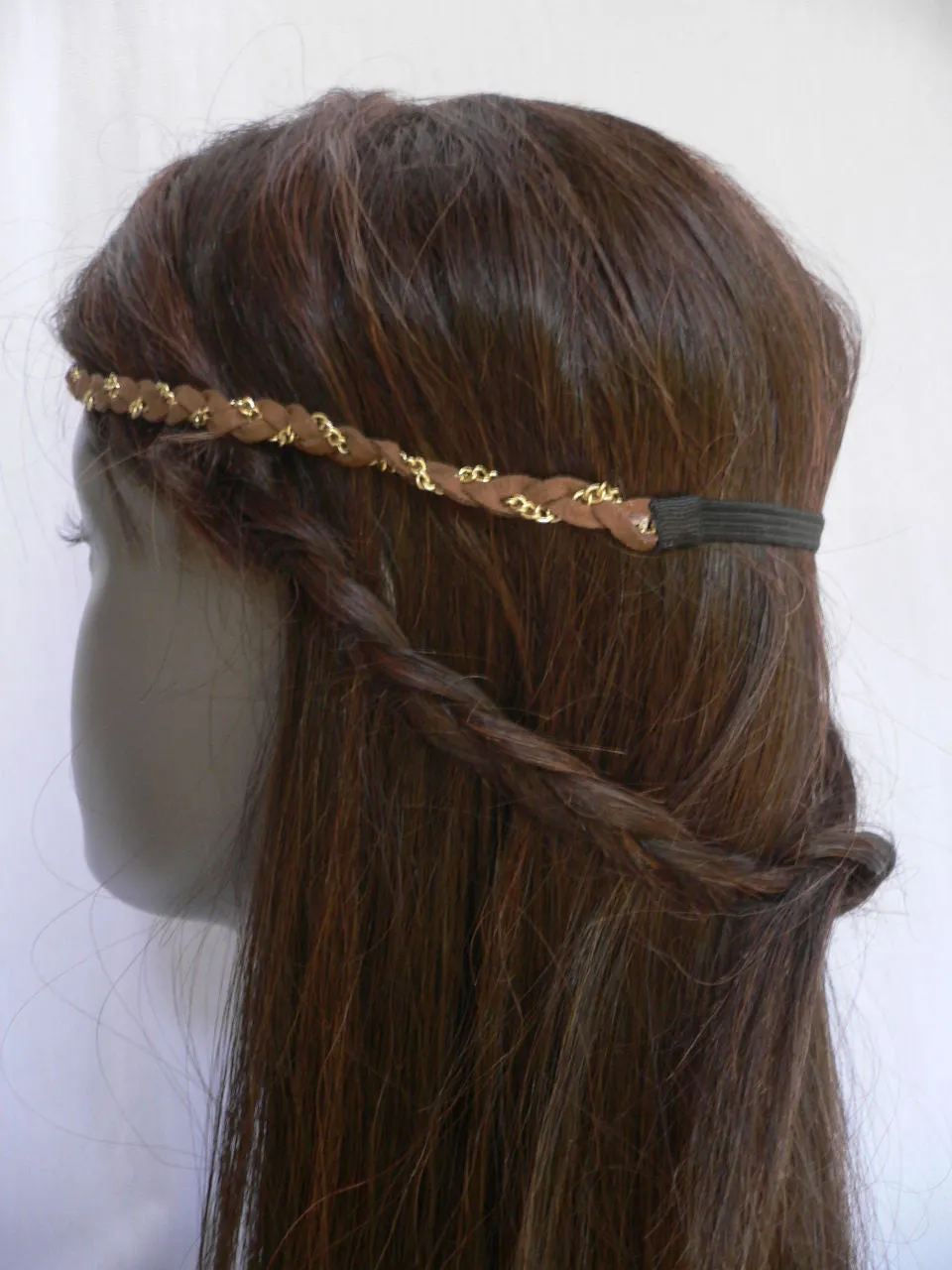 Gold Metal Brown Faux Suede Head Elastic Band Forehead Punk Rock