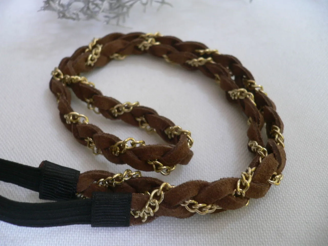 Gold Metal Brown Faux Suede Head Elastic Band Forehead Punk Rock
