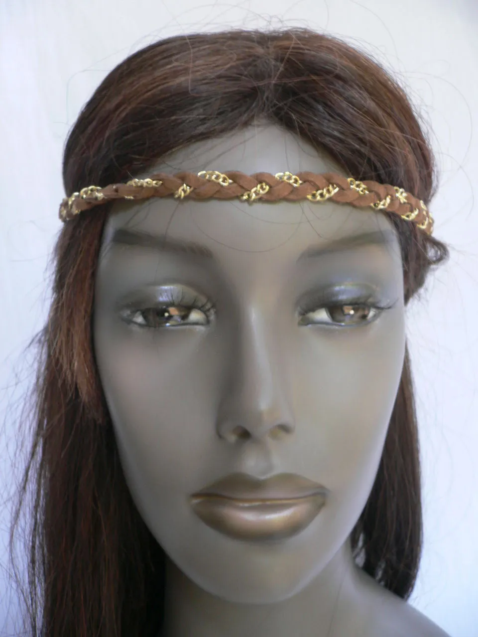 Gold Metal Brown Faux Suede Head Elastic Band Forehead Punk Rock
