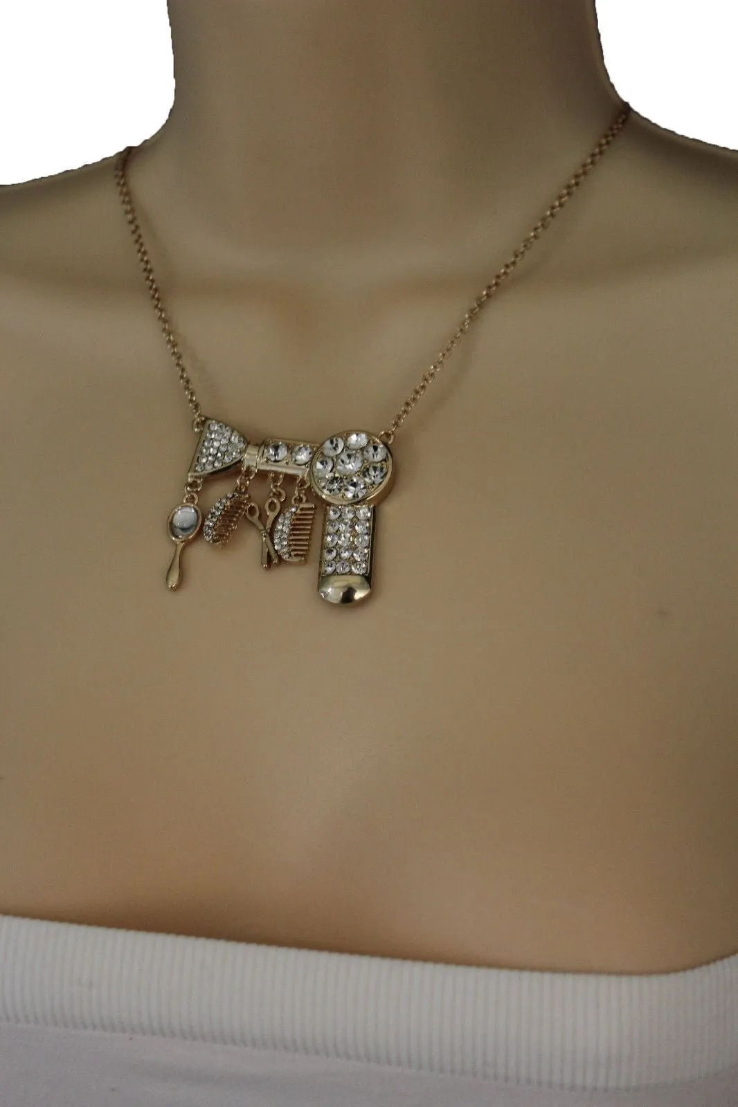 Gold Metal Chains Silver Rhinestones Bead Hair Dresser Beauty Pendant Necklace