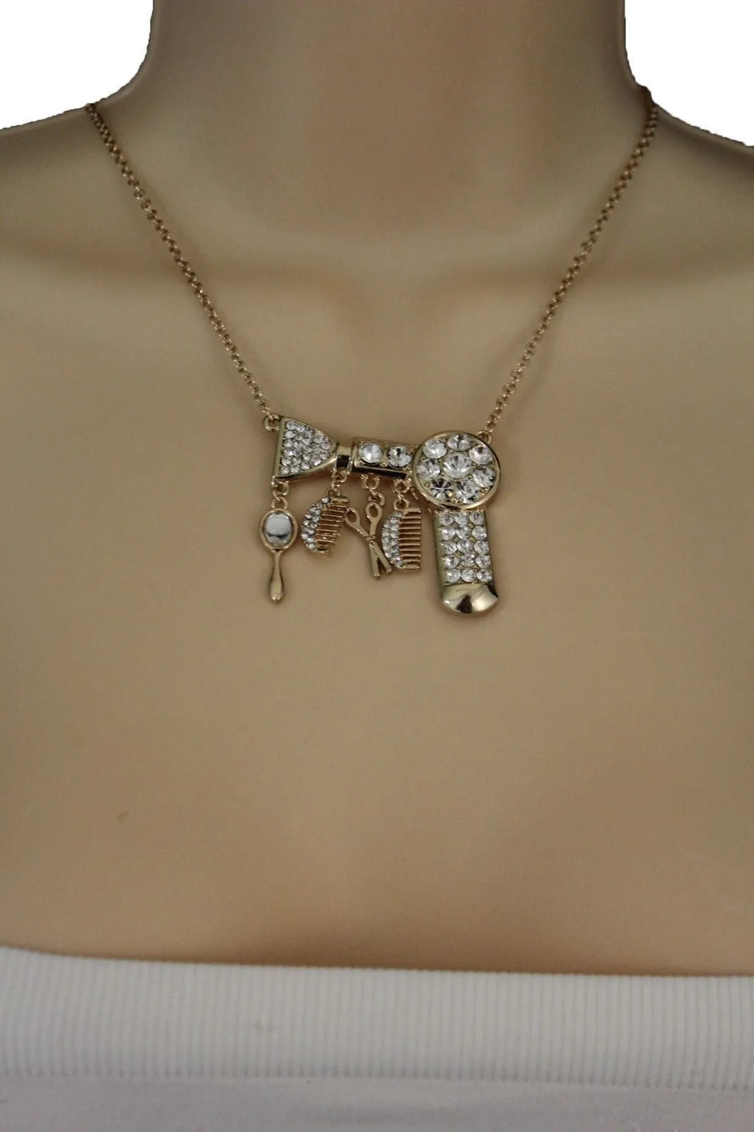 Gold Metal Chains Silver Rhinestones Bead Hair Dresser Beauty Pendant Necklace