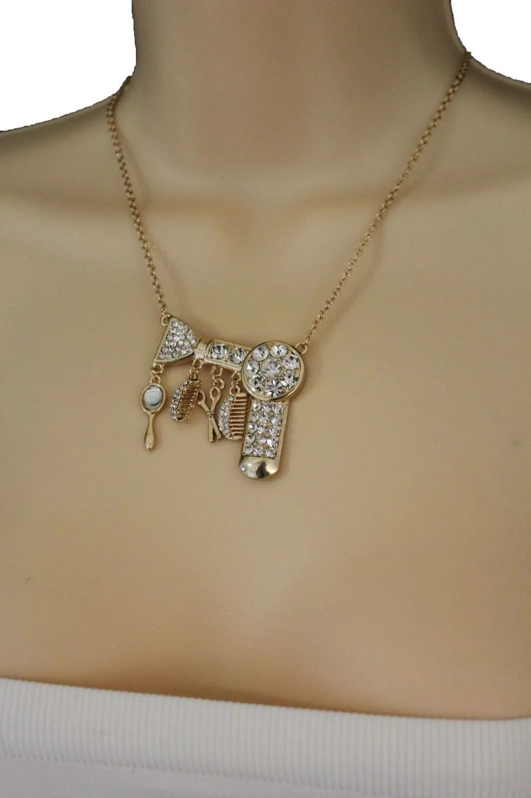 Gold Metal Chains Silver Rhinestones Bead Hair Dresser Beauty Pendant Necklace