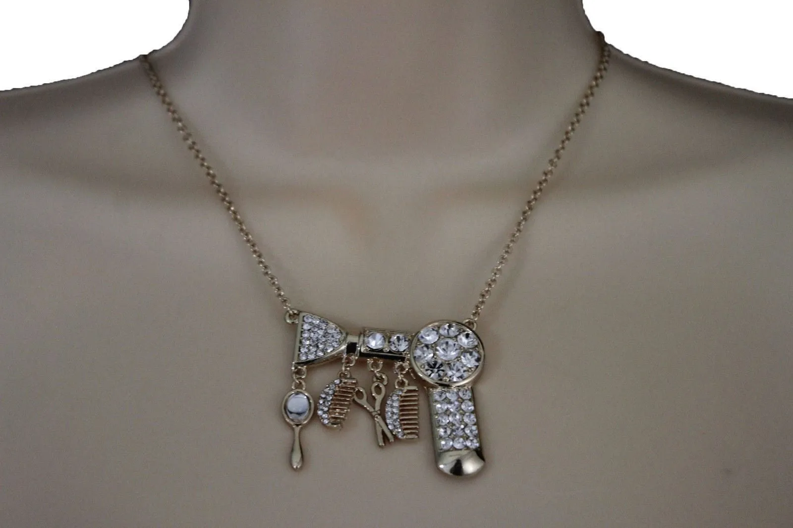 Gold Metal Chains Silver Rhinestones Bead Hair Dresser Beauty Pendant Necklace