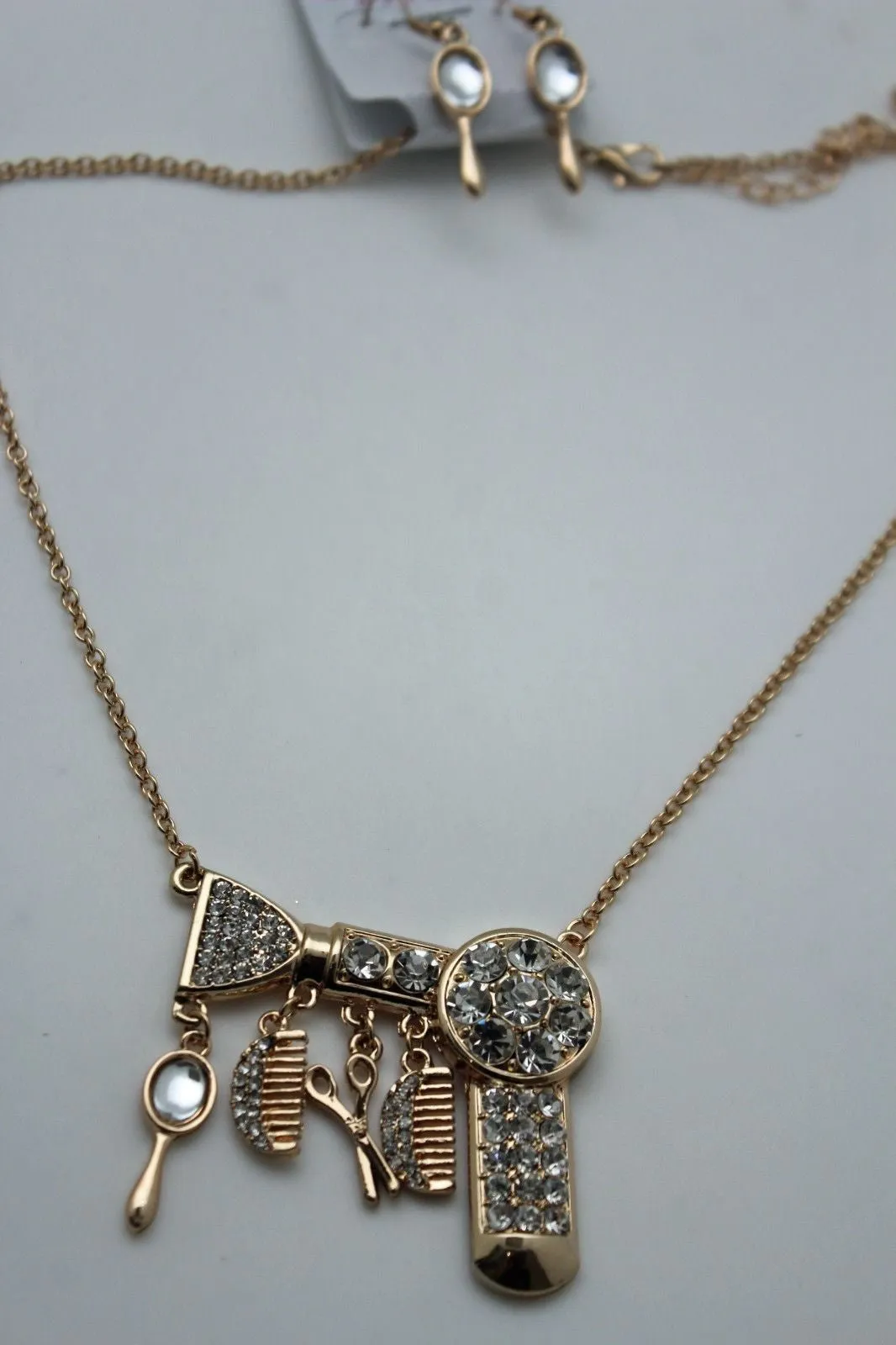 Gold Metal Chains Silver Rhinestones Bead Hair Dresser Beauty Pendant Necklace