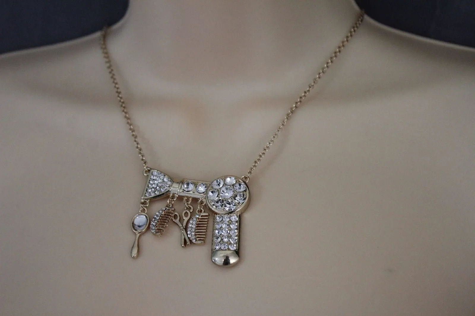 Gold Metal Chains Silver Rhinestones Bead Hair Dresser Beauty Pendant Necklace