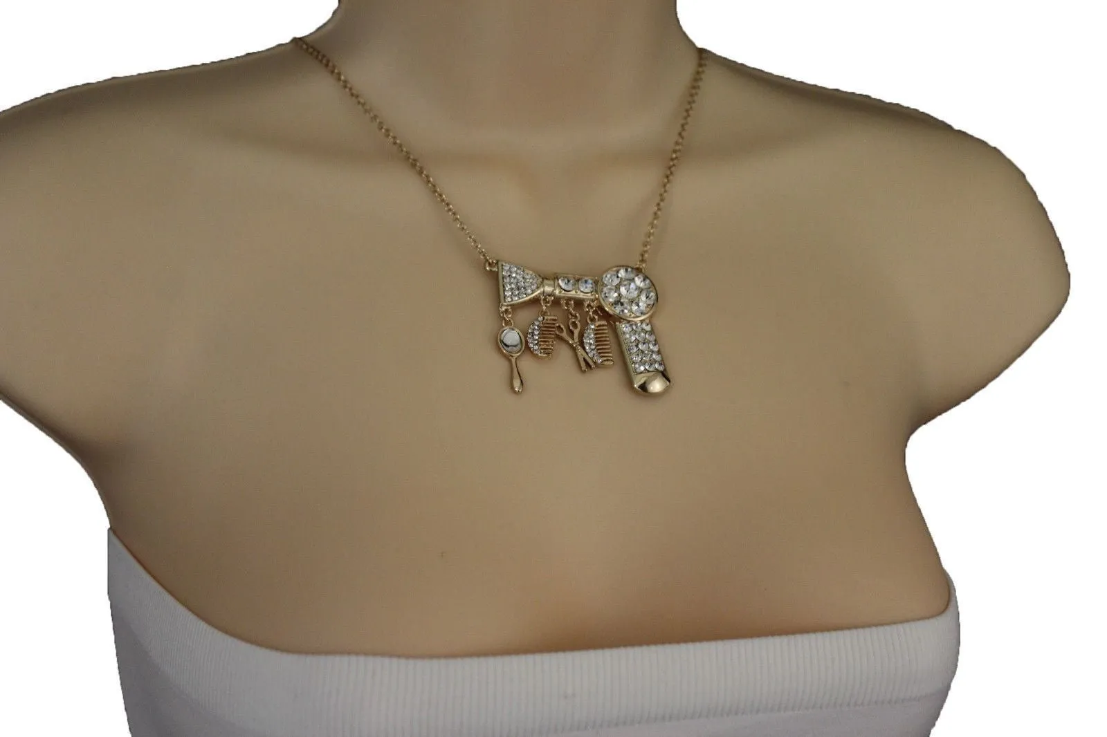 Gold Metal Chains Silver Rhinestones Bead Hair Dresser Beauty Pendant Necklace